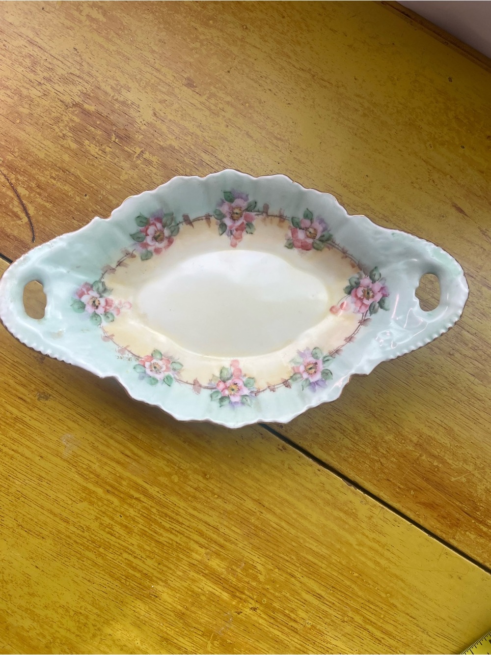 Vintage O&E.G. Royal Austria Floral Porcelain Handled Dish in Mint Green + Pink